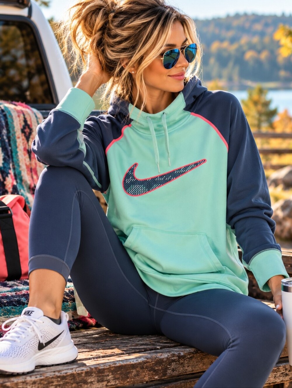 Nike Therma-FIT Large Mint Navy Colorblock Swoosh Pullover Hoodie Thumbholes